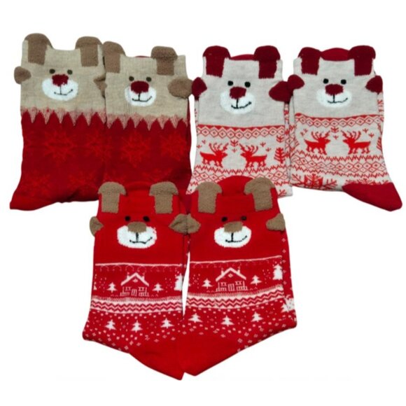 3 Pairs Christmas Unisex Adult Mid-Calf Cozy Snowflake & Reindeer Knit Socks NEW - Picture 3 of 16